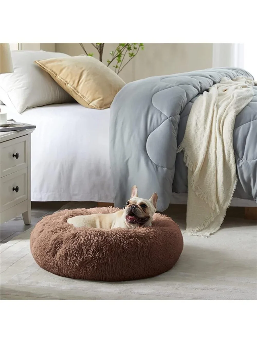 Calming Donut Dog Bed Anti-Anxiety Self Warming Cozy Soft Plush Round 20x20x8